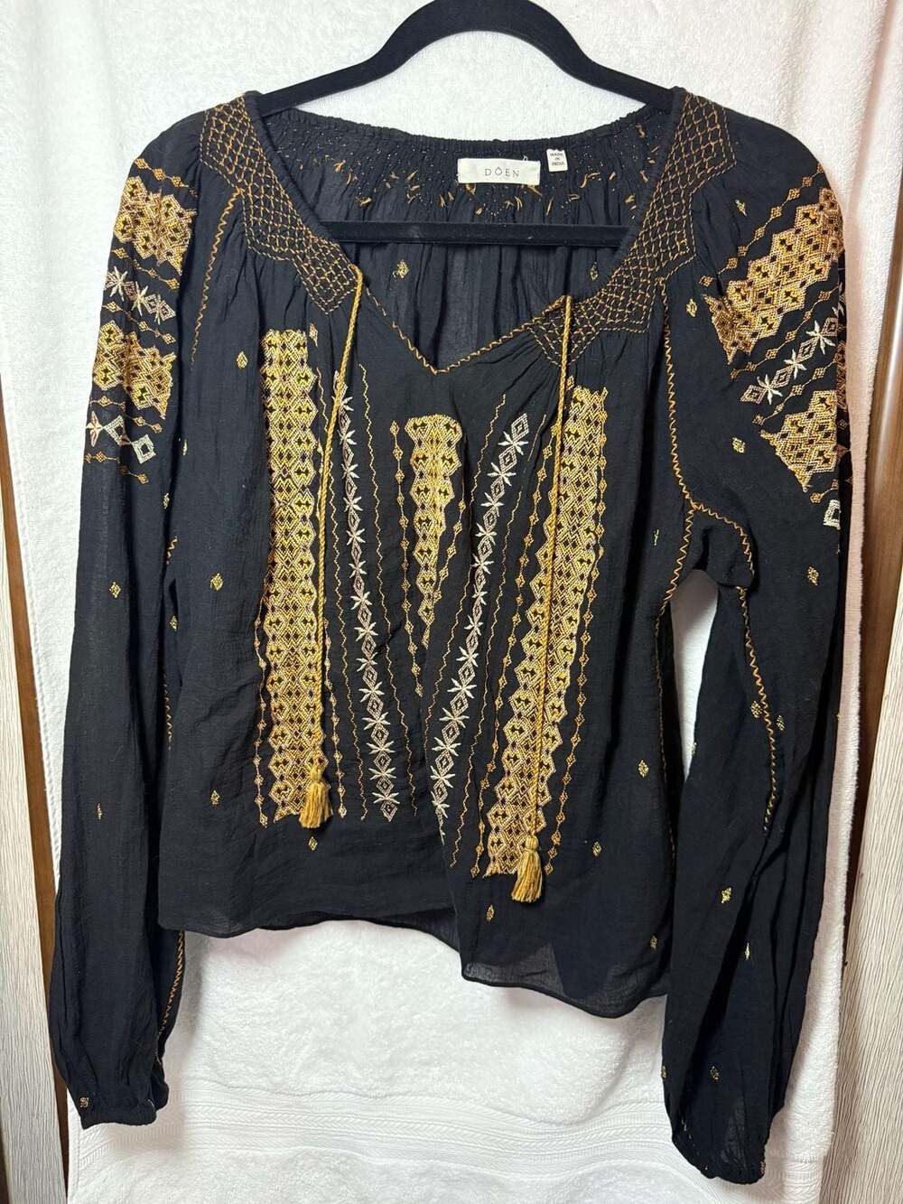DÔEN Black and Gold Embroidered Long Sleeve Peasant Blouse